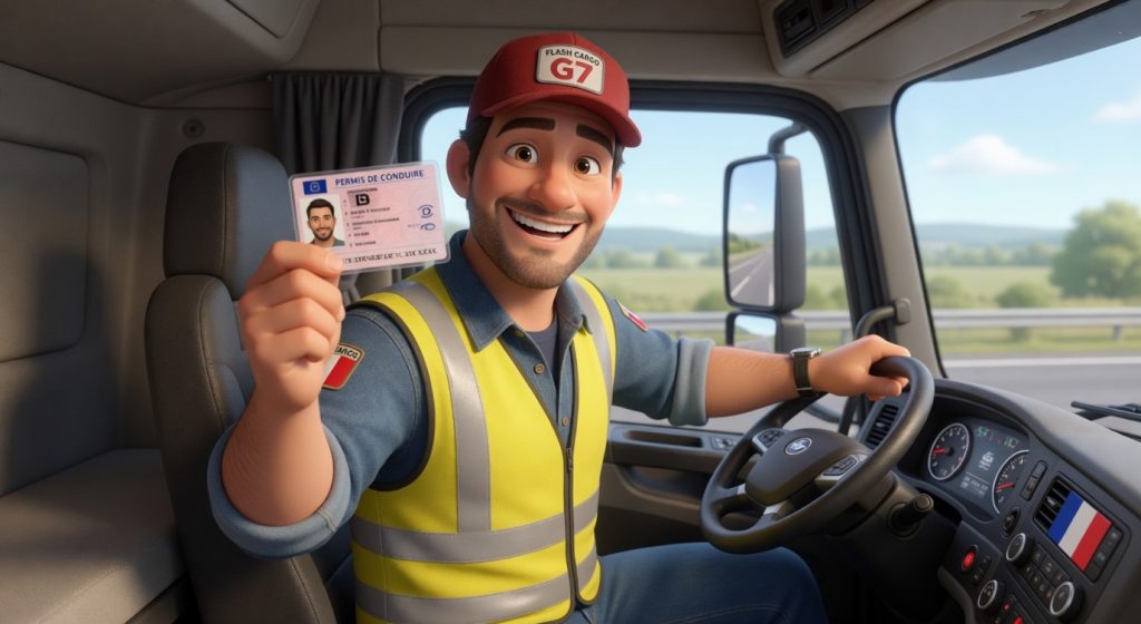 Conducteur souriant avec permis poids lourd.